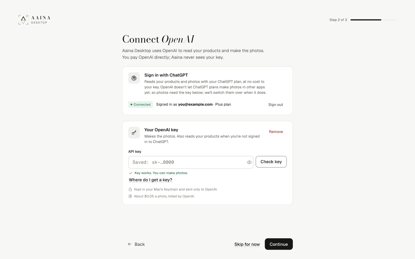 Connect OpenAI, signed in with ChatGPT and with a key that works