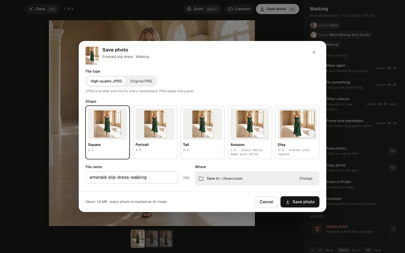 Save a photo: file type, shape and folder